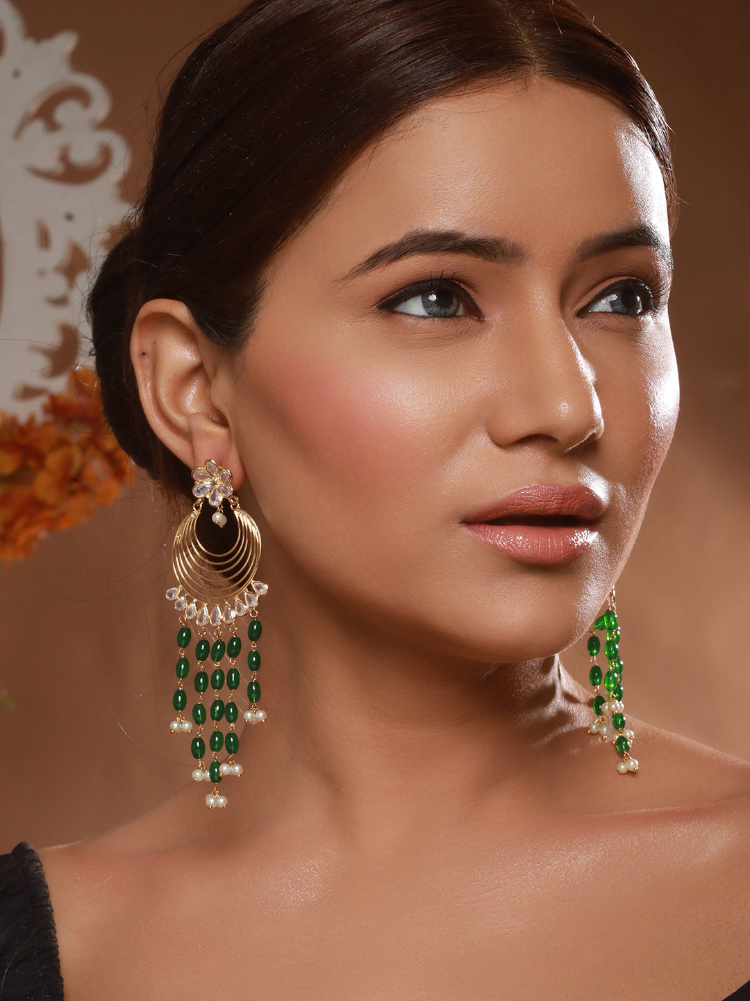24K Gold Plated Kundan & Green Pearl Beaded Light Weight Bridal Floral Chandbali Earrings